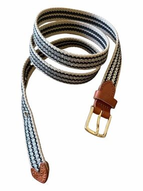 J. Crew Fctry Striped Woven Belt Tan Black Silver Metallic Gold Buckle SZ SMALL